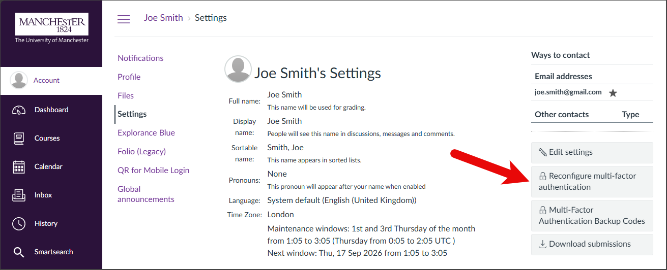 Screenshot of a user settings page, highlighting the option to set up multi-factor authentication. This option is located on the right side of the page layout and is labelled 'Reconfigure multi-factor authentication'.