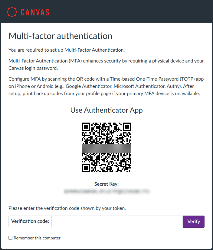 Canvas multi-factor authentication setup page displaying a QR code, secret key, and fields to enter an authenticator app verification code.