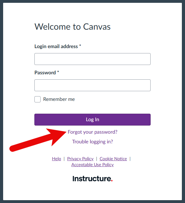 Screenshot of the Canvas login page used for external users. This shows fields for the 'Login email address' and 'Password' followed by a 'Log In' button.  Immediately below the button are two links. The first is labelled 'Forgot your password?' and the second 'Trouble logging in?'.
