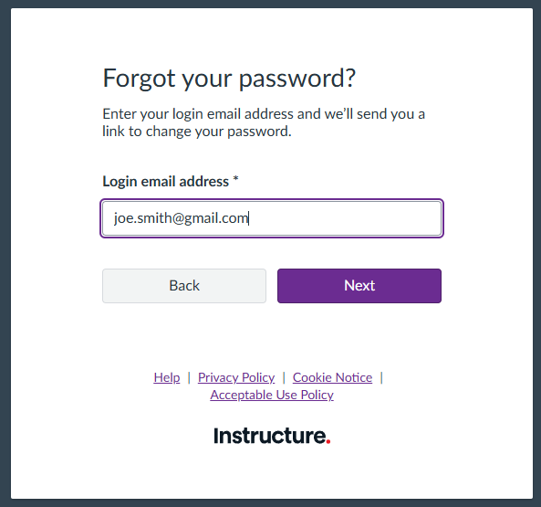Screenshot of the 'Forgot your password?' page. This shows an input field for the 'Login email address' followed by two buttons. The first button is labelled 'Back' and the second button labelled 'Next'.